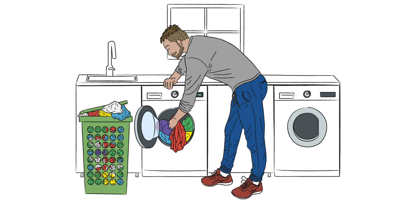 Illustration. En person lägger in tvätt i tvättmaskinen.