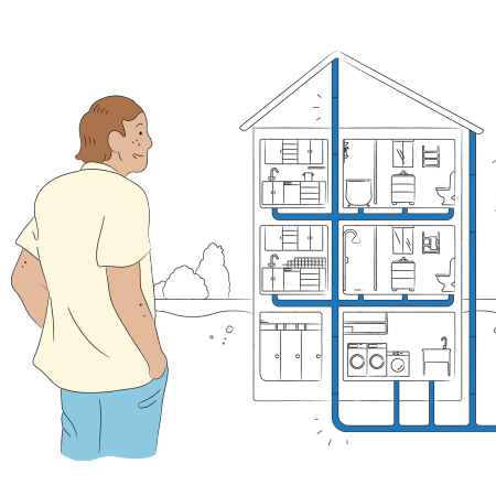 Illustration. En person tittar på ett hus i genomskärning.