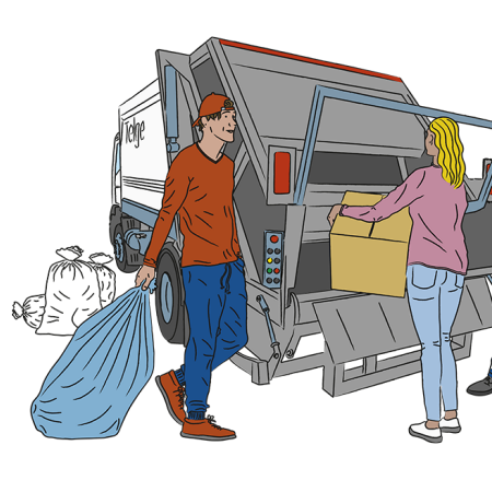 Illustration. Tre personer lämnar återvinning vid en lastbil.