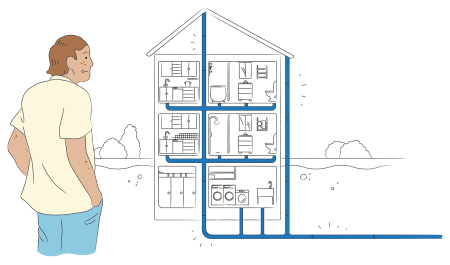Illustration. En person tittar på ett hus i genomskärning.